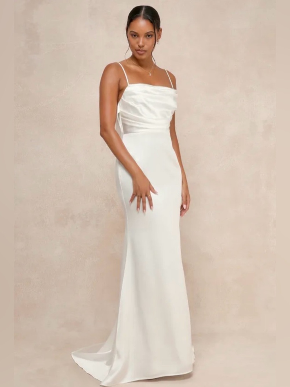 Lulu's Ivory Satin Cowl-Back Wedding Gown - Picture 2 of 10